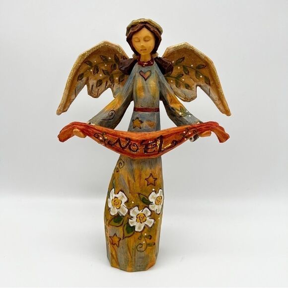Angel Noel Banner by Roman Resin Gold Glitter Floral Holiday Decor Figurine 10" - Picture 1 of 12